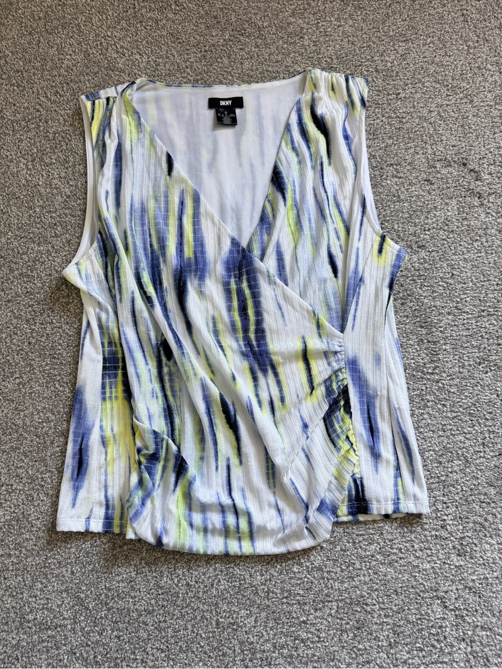 DKNY Sleeveless Faux-Wrap Cami in White, Blue & Yellow